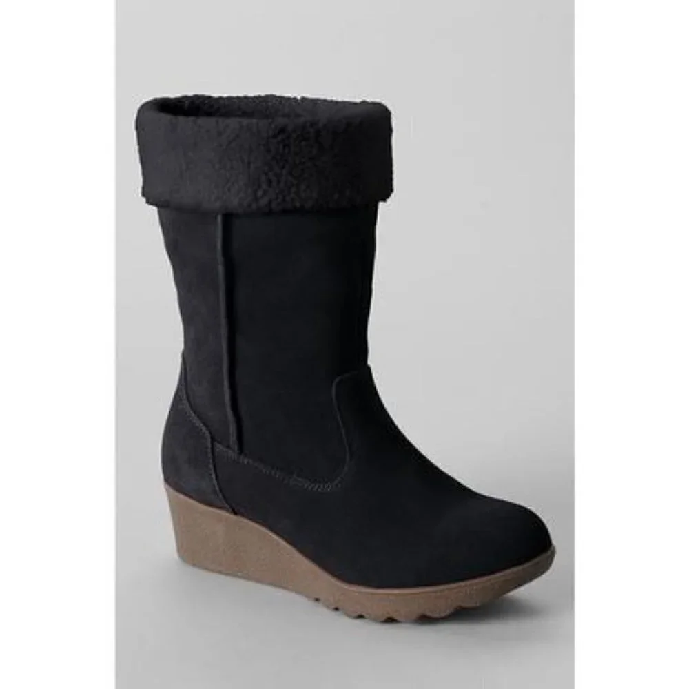LANDS END Chalet Short Boots Faux Fur wedge 7B